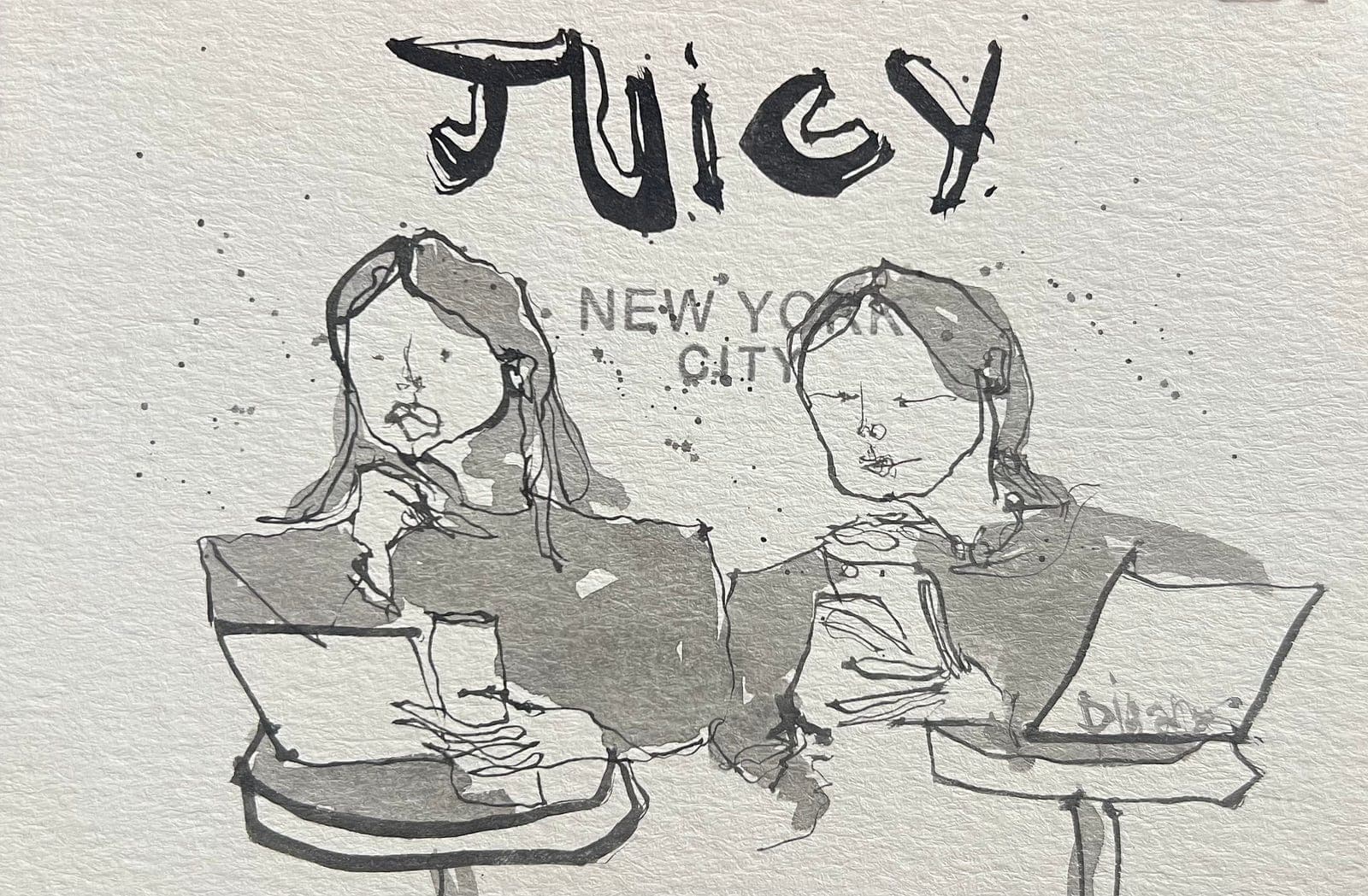 Two women working side by side at their laptops under the words Juicy New York City, drawn in ink by Dig Ferreira