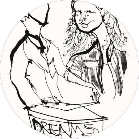 Two people at a table with a Dreams sign, drawn by Dig Ferreira