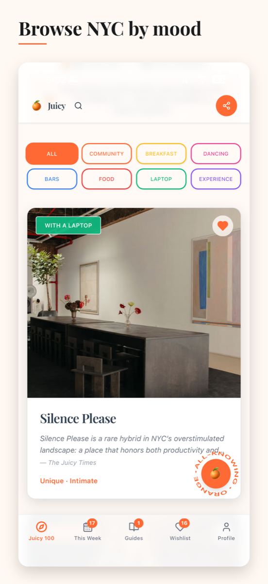 Juicy Times app: browse NYC by mood