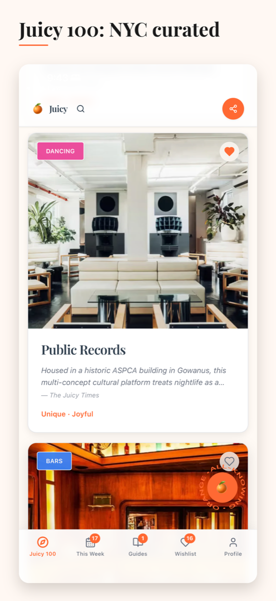Juicy Times app: the Juicy 100, NYC curated