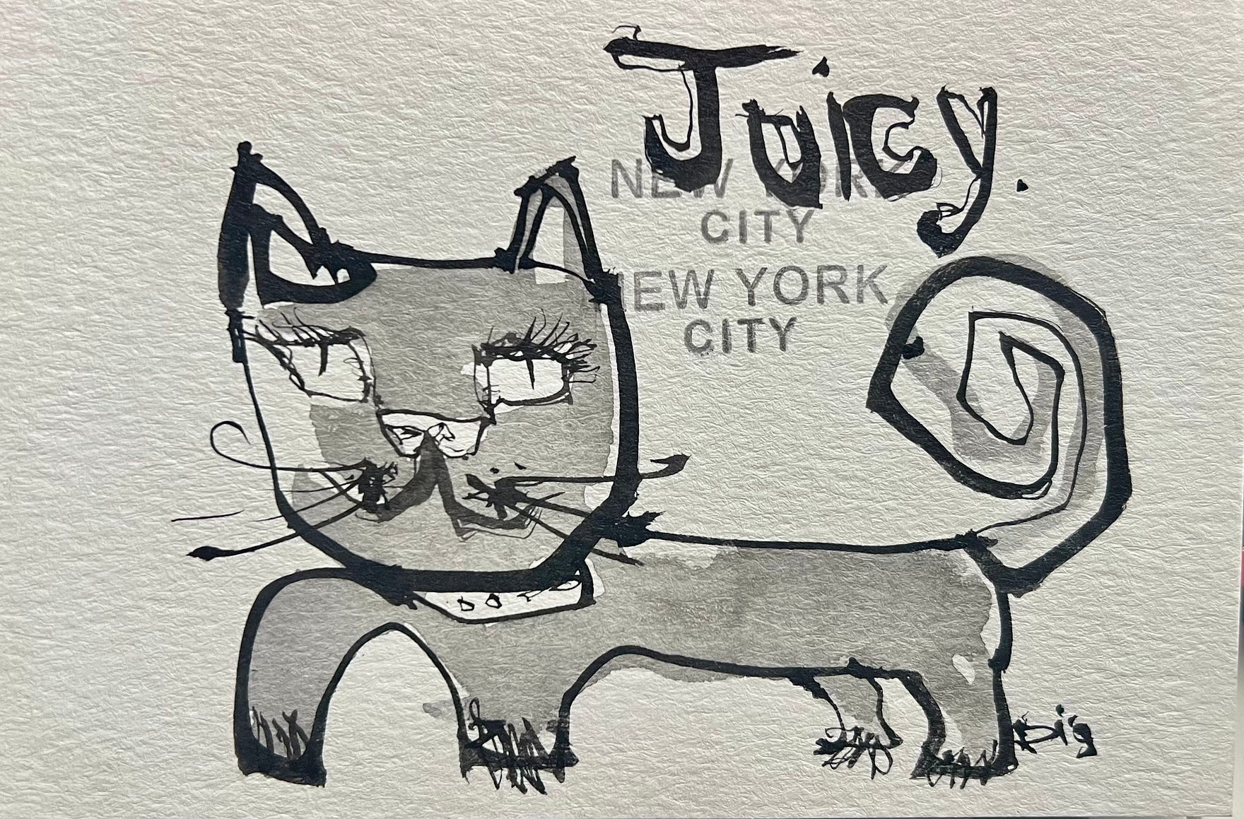 An ink-brush cat by Dig Ferreira on textured paper, drawn in loose black strokes with grey washes, the word Juicy brushed above it and NEW YORK CITY stamped twice behind, signed Dig in the corner