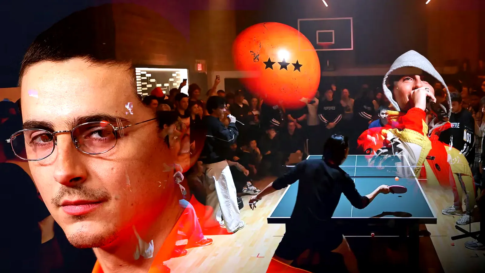 A Marty Supreme collage: Timothée Chalamet in wire-rim glasses, a giant three-star orange ping pong ball floating over a gymnasium crowd, and a table tennis rally mid-shot