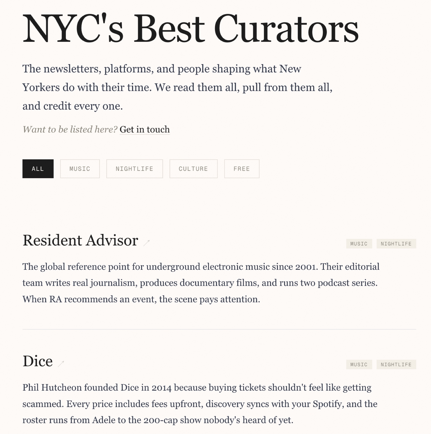 The NYC's Best Curators page: filter chips for All, Music, Nightlife, Culture and Free above credited entries for Resident Advisor and Dice, each with a plain-language note on what it is good for.