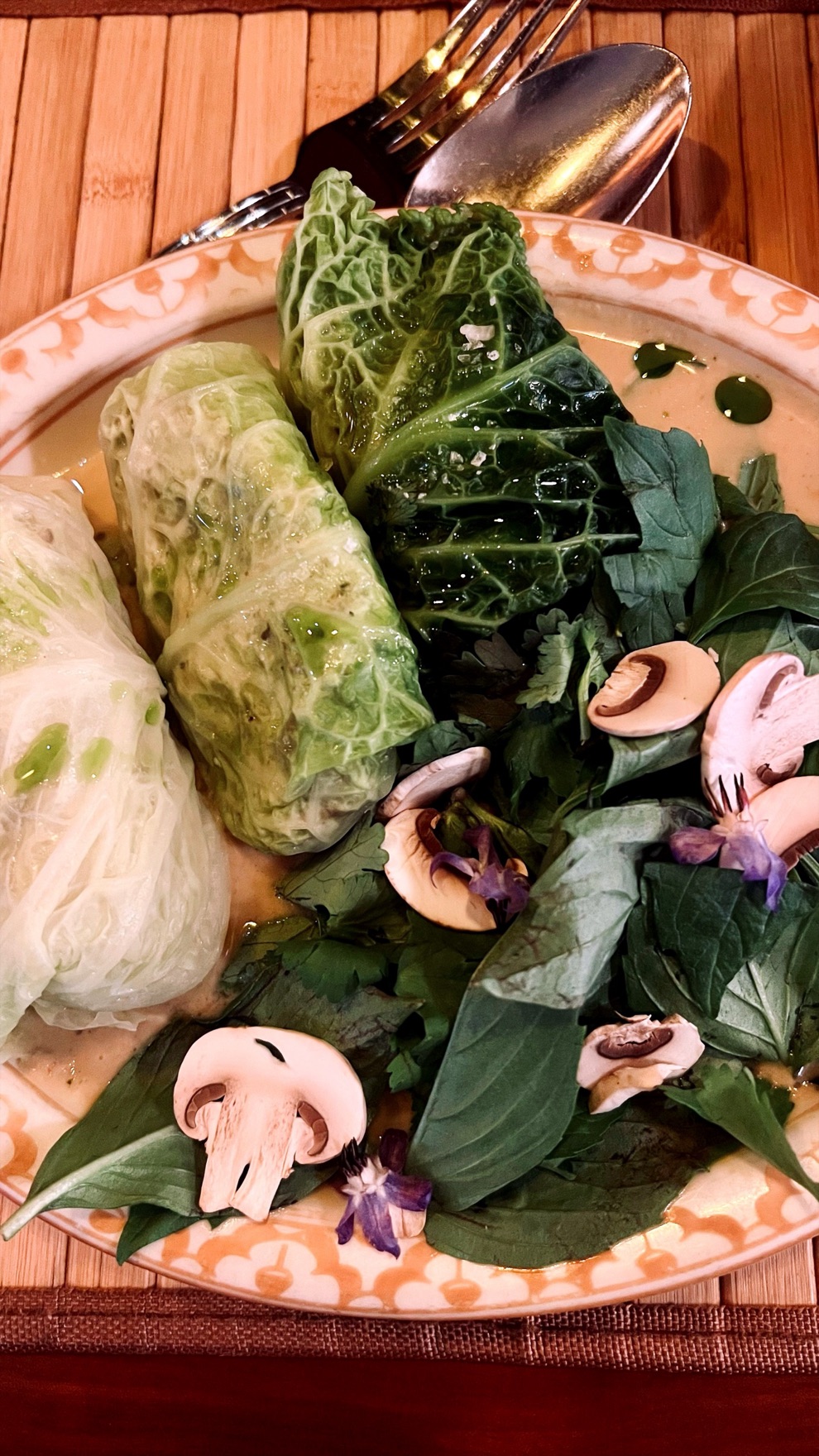 Thai Diner's Stuffed Cabbage Tom Khaa with turkey and mushroom filling in a bright limey coconut milk broth with galangal and basil